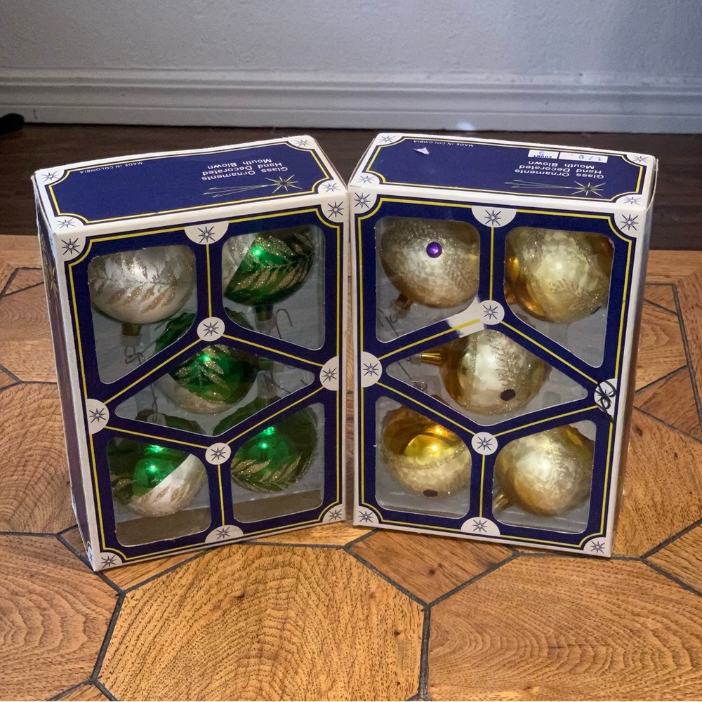 2 Boxes of 5 VTG Glass Christmas Ornaments Mouth Blown Colombia Behrendt